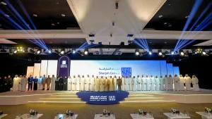 Group photo of government officials, VIP guests, and event leaders on stage at the 2025 Sharjah Census Reveal by Topaz Events, held at Al Jawaher Reception and Convention Centre, Sharjah.